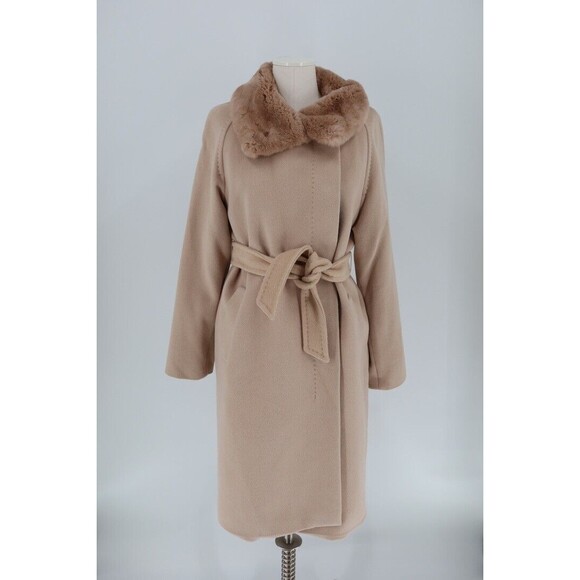 Max Mara Studio Women Size 6 Wool Tan  Fur Collar Lined Angora Trench Coat - Picture 2 of 11